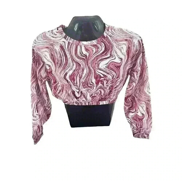 Derekheart Tops - Womens Red White Marble Design Crop Top Balloon Sleeve Size Medium M Midriff